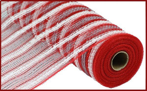 Snowdrift Metallic Stripe Deco Poly Mesh Ribbon : Red, White, Silver - 10.5 Inches x 10 Yards (30 Feet)