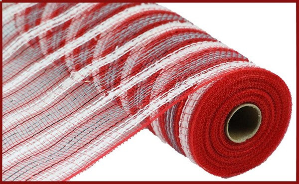 Snowdrift Metallic Stripe Deco Poly Mesh Ribbon : Red, White, Silver - 10.5 Inches x 10 Yards (30 Feet)