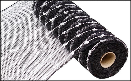 Cotton Ball Deco Mesh Ribbon : Metallic Black White - 10.5 Inches x 10 Yards (30 Feet)