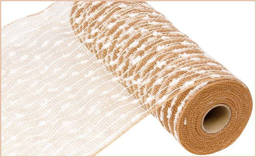 Snowball Deco Poly Jute Mesh Ribbon : Natural Beige, White - 10.25 Inches x 10 Yards (30 Feet)