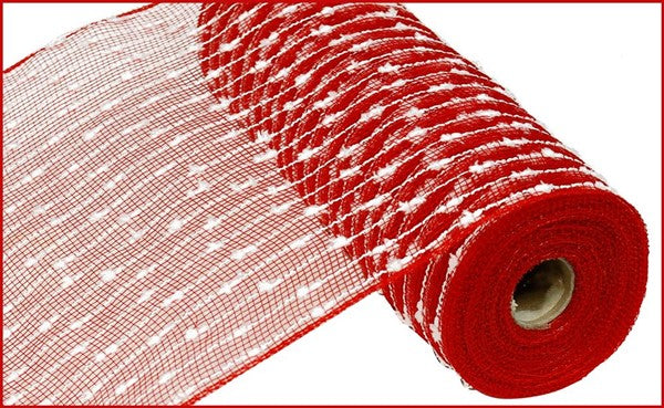Cotton Ball Deco Poly Mesh Ribbon : Red White - 10.25 Inches x 10 Yards (30 Feet)
