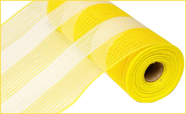 Poly Faux Jute Wide Stripe Deco Mesh Ribbon : Yellow White - 10.25 Inches x 10 Yards (30 Feet)