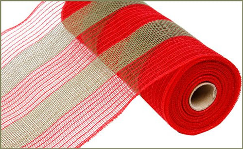 Deco Poly Faux Jute Wide Stripe Mesh Ribbon : Red Moss Green - 10.25 Inches x 10 Yards (30 Feet)
