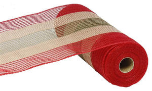 Deco Poly Jute Wide Stripe Mesh Ribbon : Natural Beige, Brown Red Moss Green - 10.25 Inches x 10 Yards (30 Feet)