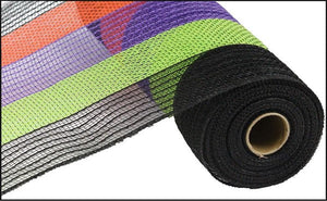 Deco Poly Jute Mesh Ribbon : Black Purple Green and Orange Stripe - 10.25 Inches x 10 Yards (30 Feet)