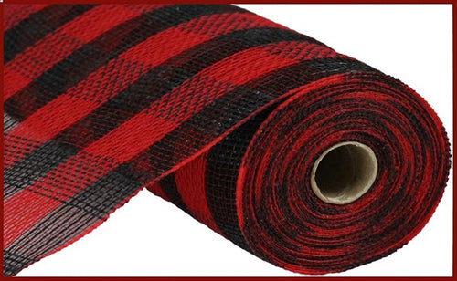 Deco Poly Faux Jute Check Mesh Ribbon : Red, Black - 10.25 Inches x 10 Yards (30 Feet)
