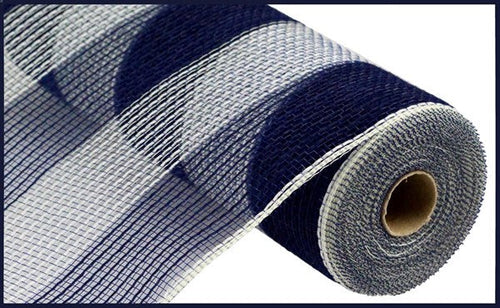 Poly Faux Jute Wide Stripe Mesh Ribbon : Navy Blue, Ivory - 10.25 Inches x 10 Yards (30 Feet)