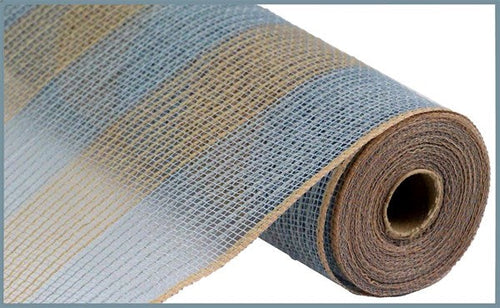 Poly Faux Jute Wide Stripe Mesh Ribbon : Grey Gray, Natural - 10.25 Inches x 10 Yards (30 Feet)