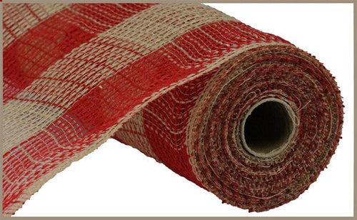Faux Jute & Large Check Deco Mesh Ribbon : Red, Natural - 10.25 Inches x 10 Yards (30 Feet)