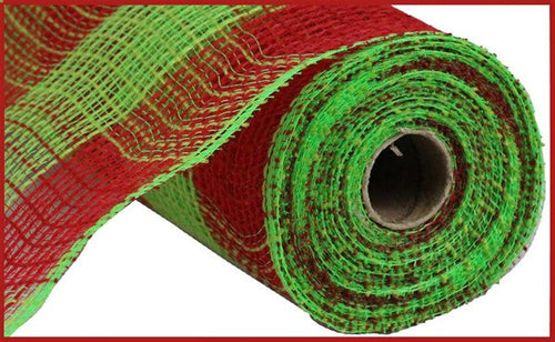 Faux Jute & Large Check Deco Mesh Ribbon : Red, Fresh Green - 10.25 Inches x 10 Yards (30 Feet)