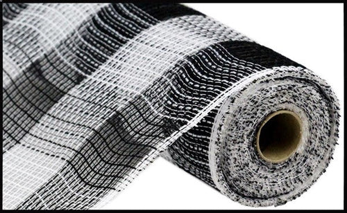 Faux Jute & Large Check Deco Mesh Ribbon : Black, White - 10.25 Inches x 10 Yards (30 Feet)