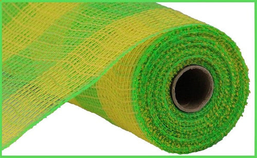 Faux Jute & Large Check Deco Mesh Ribbon : Yellow, Fresh Green - 10.25 Inches x 10 Yards (30 Feet)