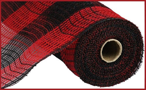 Faux Jute & Large Check Deco Mesh Ribbon : Red, Black - 10.25 Inches x 10 Yards (30 Feet)