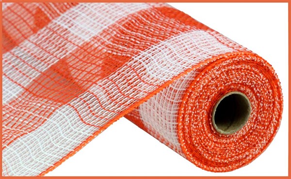 Faux Jute & Large Check Deco Mesh Ribbon : Orange, White - 10.25 Inches x 10 Yards (30 Feet)