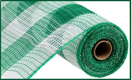 Faux Jute & Large Check Deco Mesh Ribbon : Emerald, White - 10.25 Inches x 10 Yards (30 Feet)