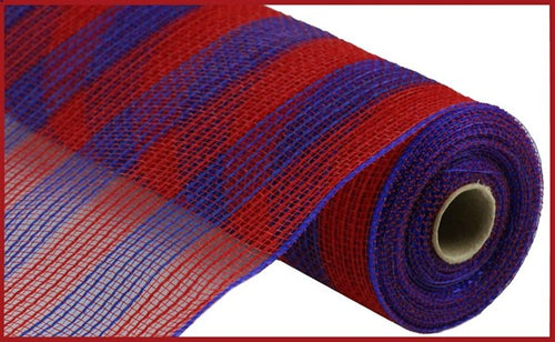 Faux Jute & Small Stripe Deco Mesh Ribbon : Red, Royal Blue - 10.25 Inches x 10 Yards (30 Feet)