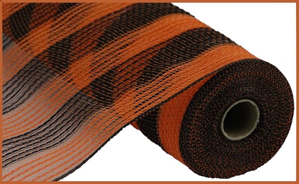 Faux Jute & Small Stripe Deco Mesh Ribbon : Orange, Black - 10.25 Inches x 10 Yards (30 Feet)