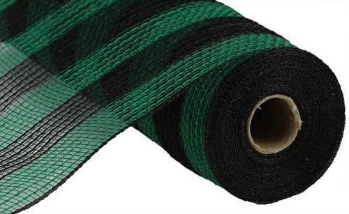 Faux Jute & Small Stripe Deco Mesh Ribbon : Emerald Green Black Buffalo Plaid - 10.25 Inches x 10 Yards (30 Feet)