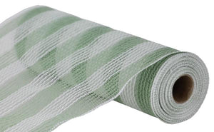 Faux Jute & Small Stripe Deco Mesh Ribbon : Sage Green White - 10.25 Inches x 10 Yards (30 Feet)