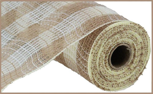 Small Check Faux Jute Deco Mesh Ribbon : Natural Beige, Cream - 10.25 Inches x 10 Yards (30 Feet)