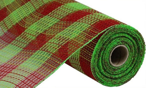 Small Check Faux Jute Deco Mesh Ribbon : Red, Fresh Green - 10.25 Inches x 10 Yards (30 Feet)
