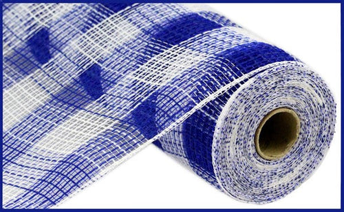 Small Check Faux Jute Deco Mesh Ribbon : Royal Blue, White - 10.25 Inches x 10 Yards (30 Feet)