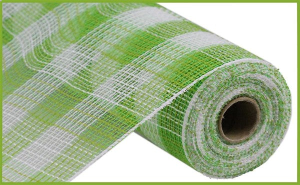 Small Check Faux Jute Deco Mesh Ribbon : Fresh Green, White - 10.25 Inches x 10 Yards (30 Feet)