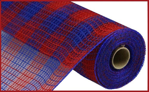 Small Check Faux Jute Deco Mesh Ribbon : Red, Royal Blue - 10.25 Inches x 10 Yards (30 Feet)