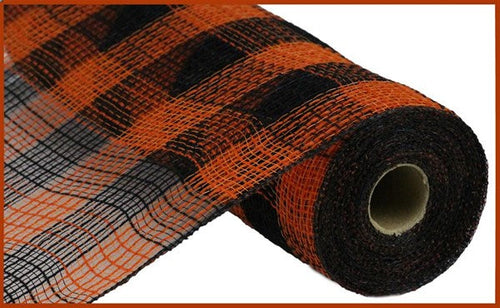 Small Check Faux Jute Deco Mesh Ribbon : Orange, Black - 10.25 Inches x 10 Yards (30 Feet)