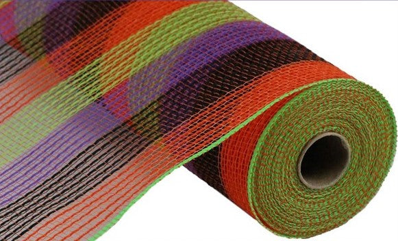 Faux Jute & Small Stripe Deco Mesh Ribbon : Orange, Black, Green, Purple - 10.25 Inches x 10 Yards (30 Feet)