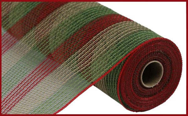 Faux Jute & Small Stripe Deco Mesh Ribbon : Moss Green, Red, Natural Beige - 10.25 Inches x 10 Yards (30 Feet)