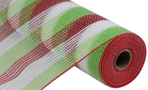 Faux Jute & Small Stripe Deco Mesh Ribbon : Red, Lime Green, White - 10.25 Inches x 10 Yards (30 Feet)