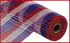 Faux Jute & Deco Mesh Ribbon Small Check : Red, White, Blue - 10.25 Inches x 10 Yards (30 Feet)