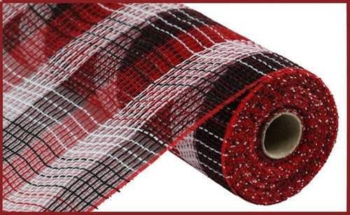 Faux Jute & Deco Mesh Ribbon Small Check : Red, White, Black - 10.25 Inches x 10 Yards (30 Feet)