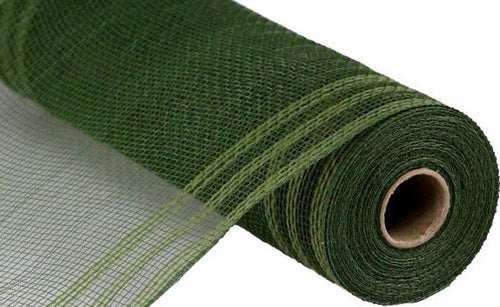 Poly Faux Jute Border Stripe Mesh Ribbon : Christmas Fall Moss Green - 10.25 Inches x 10 Yards (30 Feet)