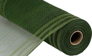 Poly Faux Jute Border Stripe Mesh Ribbon : Christmas Fall Moss Green - 10.25 Inches x 10 Yards (30 Feet)