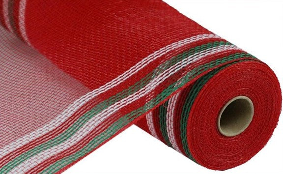 Poly Faux Jute Border Stripe Mesh Ribbon : Christmas Red, Emerald Green, White - 10.25 Inches x 10 Yards (30 Feet)