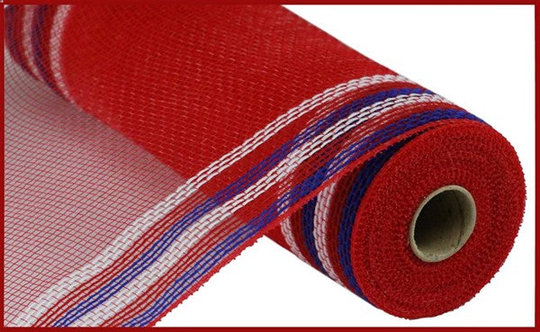 Faux Jute Border Stripe Mesh Ribbon : White, Red, Blue - 10.25 Inches x 10 Yards (30 Feet)