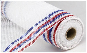 Faux Jute Border Stripe Mesh Ribbon : White, Red, Blue - 10.25 Inches x 10 Yards (30 Feet)