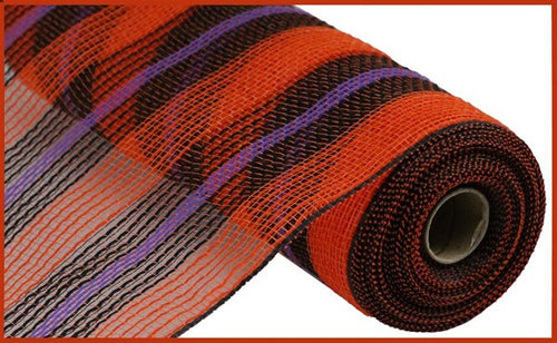 Faux Jute & Deco Mesh Ribbon Stripe : Orange, Purple, Black - 10.25 Inches x 10 Yards (30 Feet)