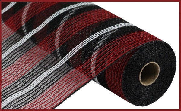 Faux Jute & Deco Mesh Ribbon Stripe : Red, Black, White - 10.25 Inches x 10 Yards (30 Feet)