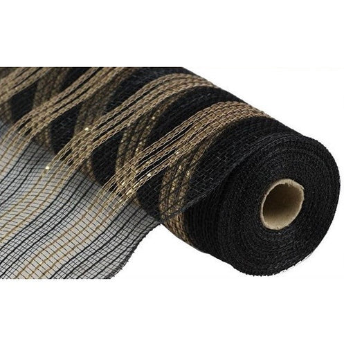 Metallic Faux Jute Poly Stripe Deco Mesh Ribbon : Black, Gold - 10.25 Inches x 10 Yards (30 Feet)