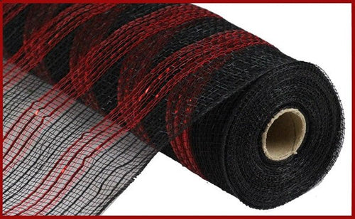 Metallic Faux Jute Poly Stripe Deco Mesh Ribbon : Black, Red - 10.25 Inches x 10 Yards (30 Feet)