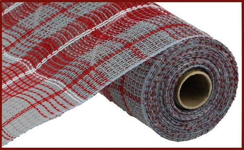 Faux Jute & Deco Mesh Ribbon Large Plaid : Grey Gray, Red, White - 10.25 Inches x 10 Yards (30 Feet)