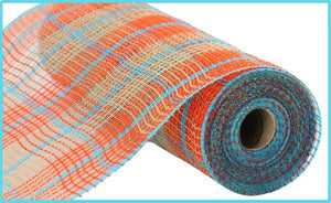 Faux Jute & Deco Mesh Ribbon Large Plaid : Orange, Natural Beige, Turquoise - 10.25 Inches x 10 Yards
