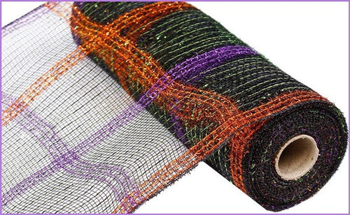 Tinsel Foil Stripe Check Deco Mesh Ribbon : Black Orange Purple Lime - 10 Inches x 10 Yards (30 Feet)