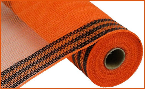 Border Stripe Metallic Deco Mesh Ribbon : Orange Black - 10.5 Inches x 10 Yards (30 Feet)