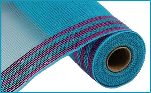 Border Stripe Metallic Deco Mesh Ribbon : Turquoise Blue Hot Pink - 10.5 Inches x 10 Yards (30 Feet)