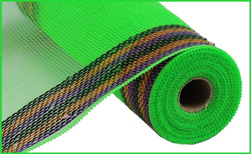 Border Stripe Metallic Deco Mesh Ribbon : Lime Green Purple Orange Black - 10.5 Inches x 10 Yards (30 Feet)