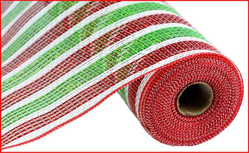 Deco Poly Mesh Ribbon : Red, Lime Green, White Stripe - 10 Inches x 10 Yards (30 Feet)